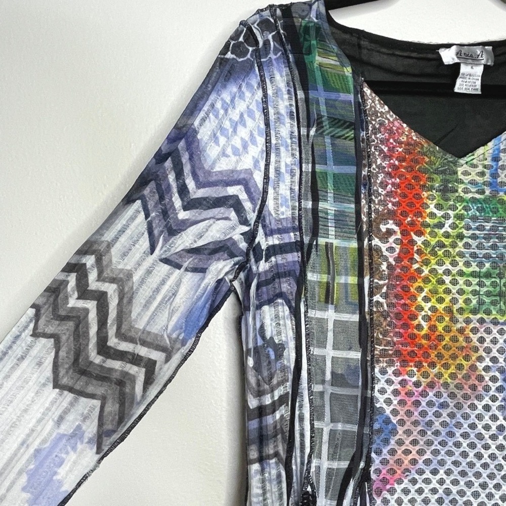 Ania A‎ Tunic Top Womens XL Multi Color Mixed Media Mesh Abstract Art To Wear